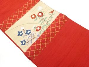 手織り紬横段・松皮菱に草花模様刺繍名古屋帯